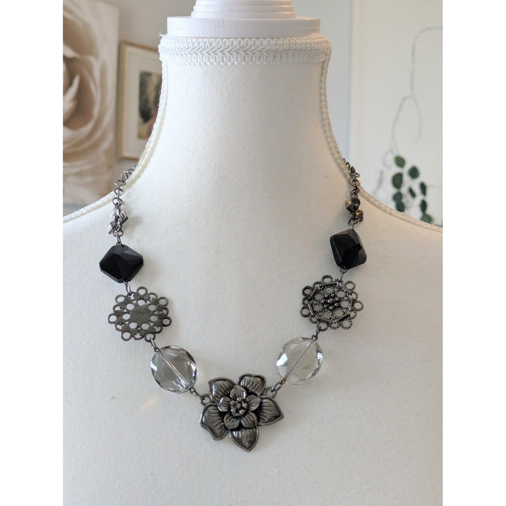 Chunky Statement Necklace Silver Tone Black Beading Floral Pendant Filigree Boho